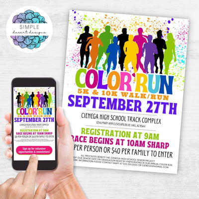 editable color run invitation flyers for charity fundraiser event or walk run 5k 10k