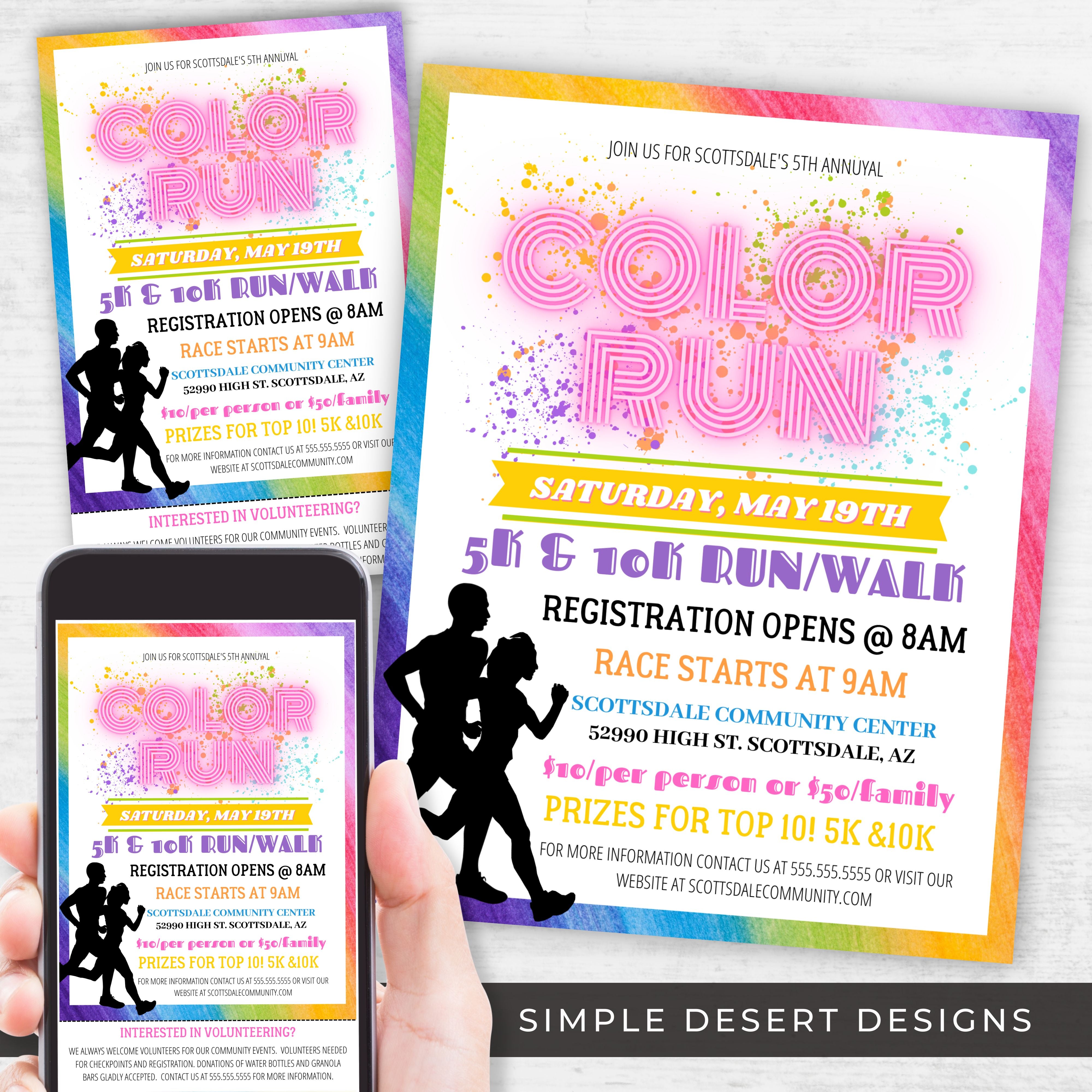 personalized color run flyers for school church community 5k 10k event
