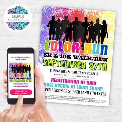 customizable color run flyers for healthy fundraiser for schools church or community charity event