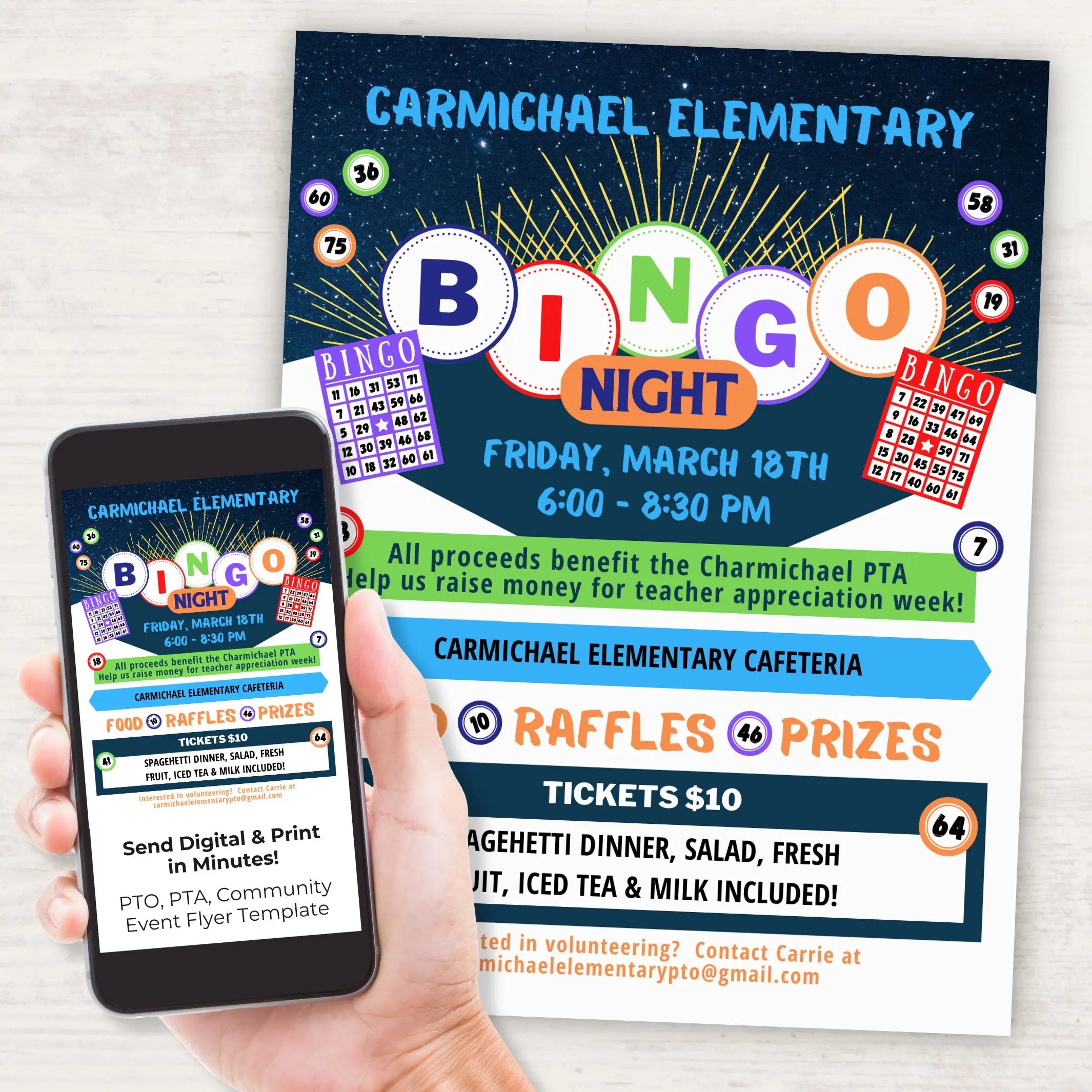 Customized invitation flyer template created for Carmichael Elementary Bingo Night flyer held by a hand with a phone displaying the event details.