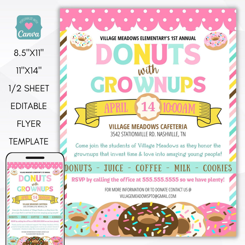 donuts with grownups donuts with dad editable printable flyer invitation set school pto pta ptc church non profit organization invitation