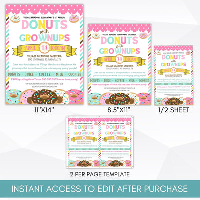 donut pastries with parents breakfast brunch school pto flyer poster sign set