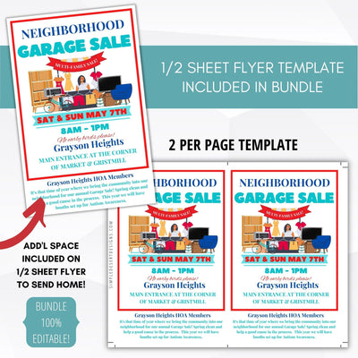 real estate contact ideas neighborhood garage sale flyer social media editable template