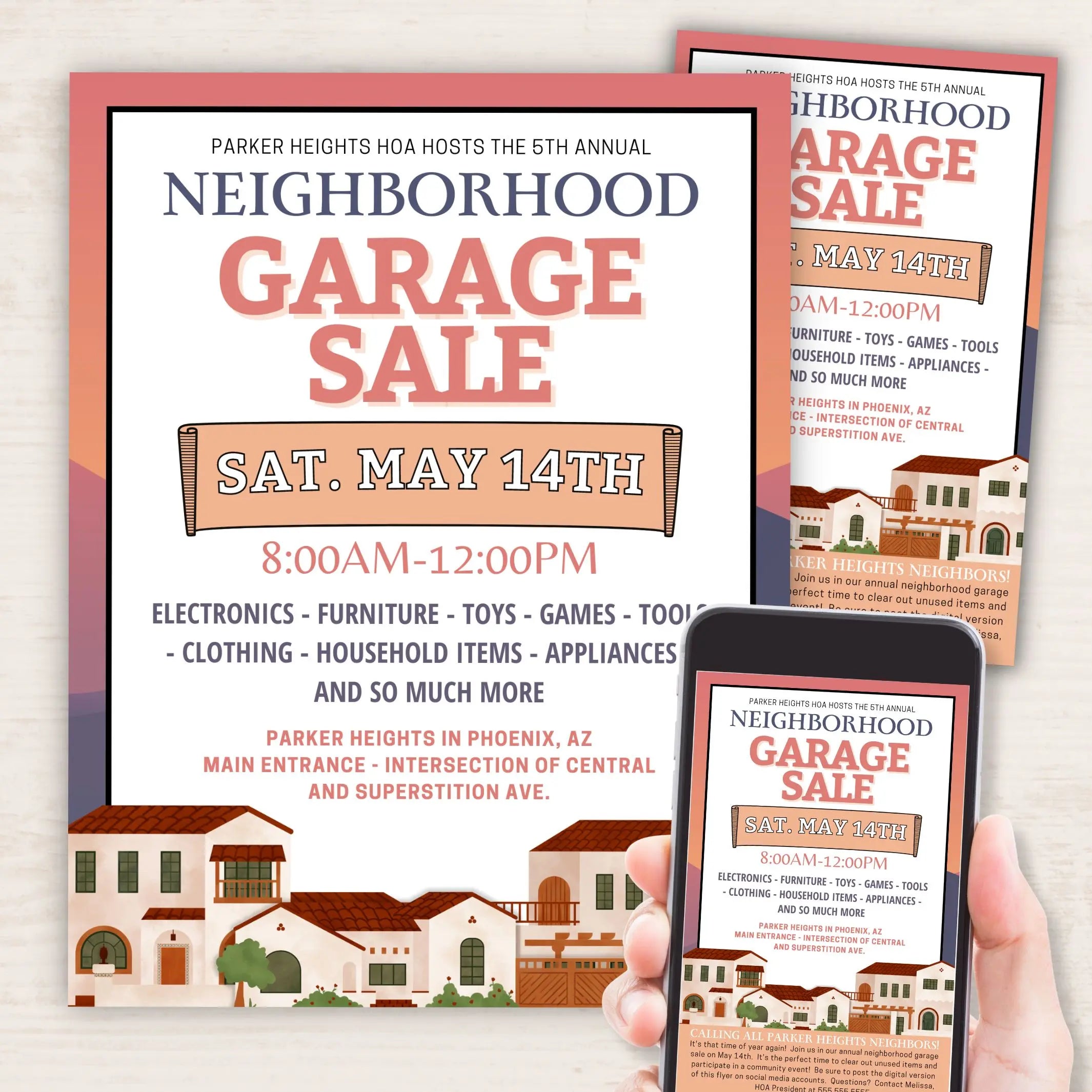 Neighborhood Garage Sale flyer with event details and a phone displaying the same flyer as an editable template.