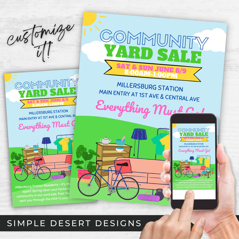 customizable community yard sale flyers for multi-family or hoa garage sale event