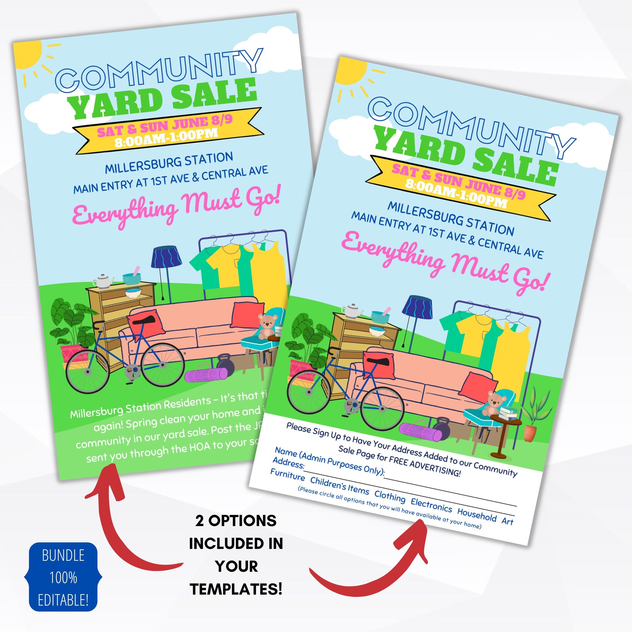 2 unique options included for 2 per page half sheet flyers for community yard sale events shown with info page and tear off or cut off options