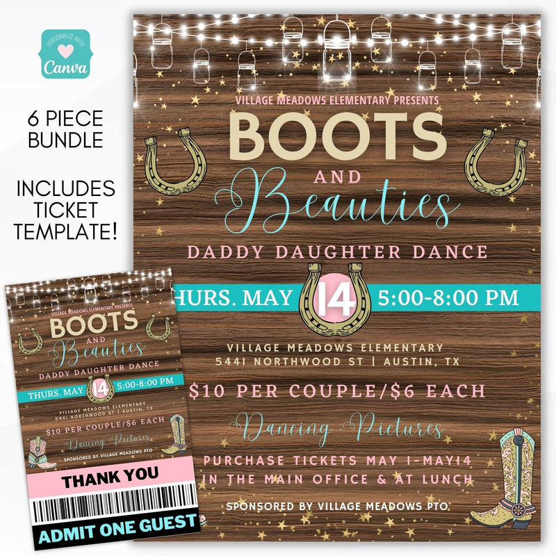 boots & beauties father daughter dance country western barn dance theme flyer set school pto dance ideas