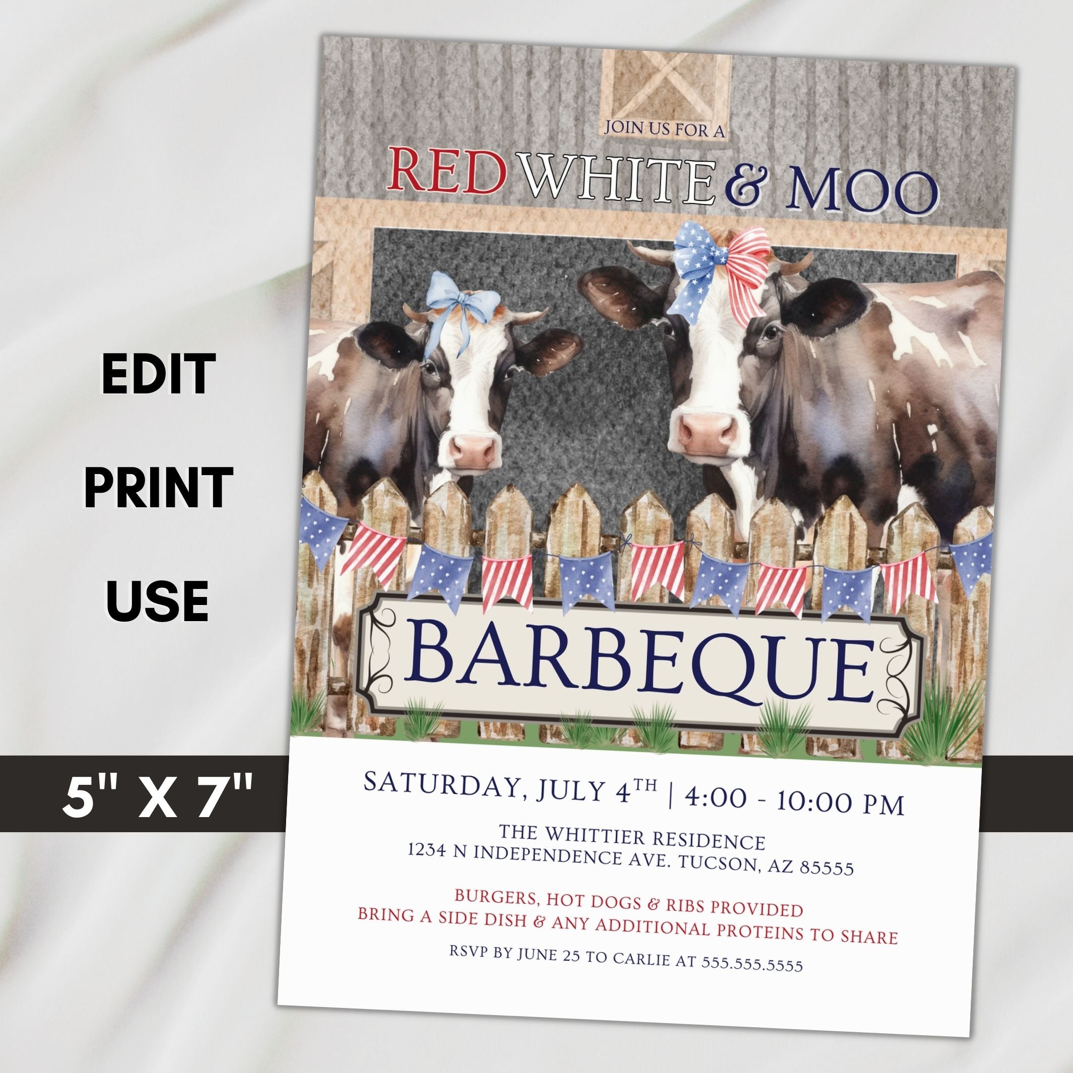 country independence day invitations with cows farmhouse barn theme