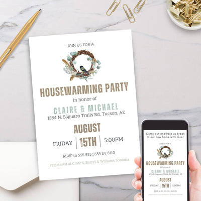minimalist simple boho wreath housewarming party invitations