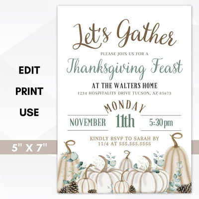 white pumpkins country thanksgiving dinner invitations