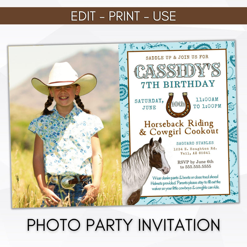 Cowgirl birthday party photo invitation