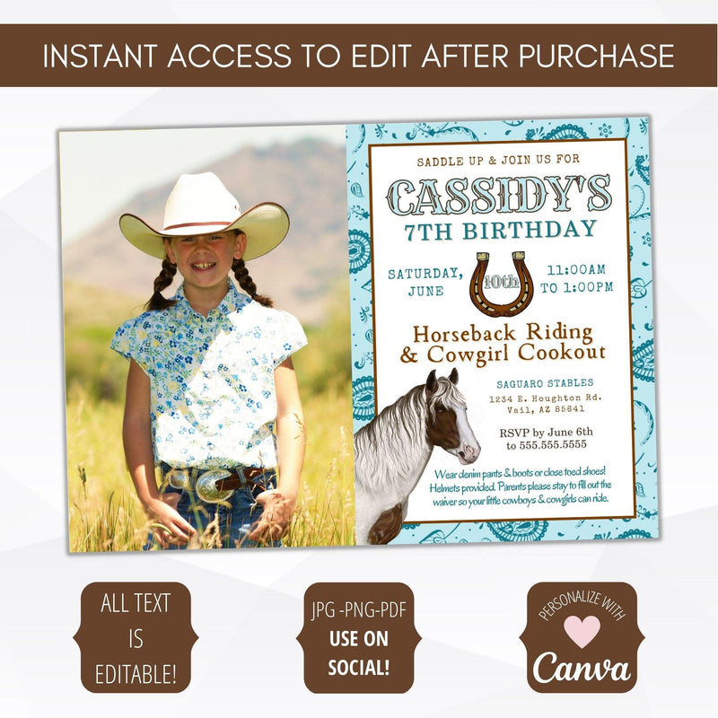 cowgirl theme birthday party invitations