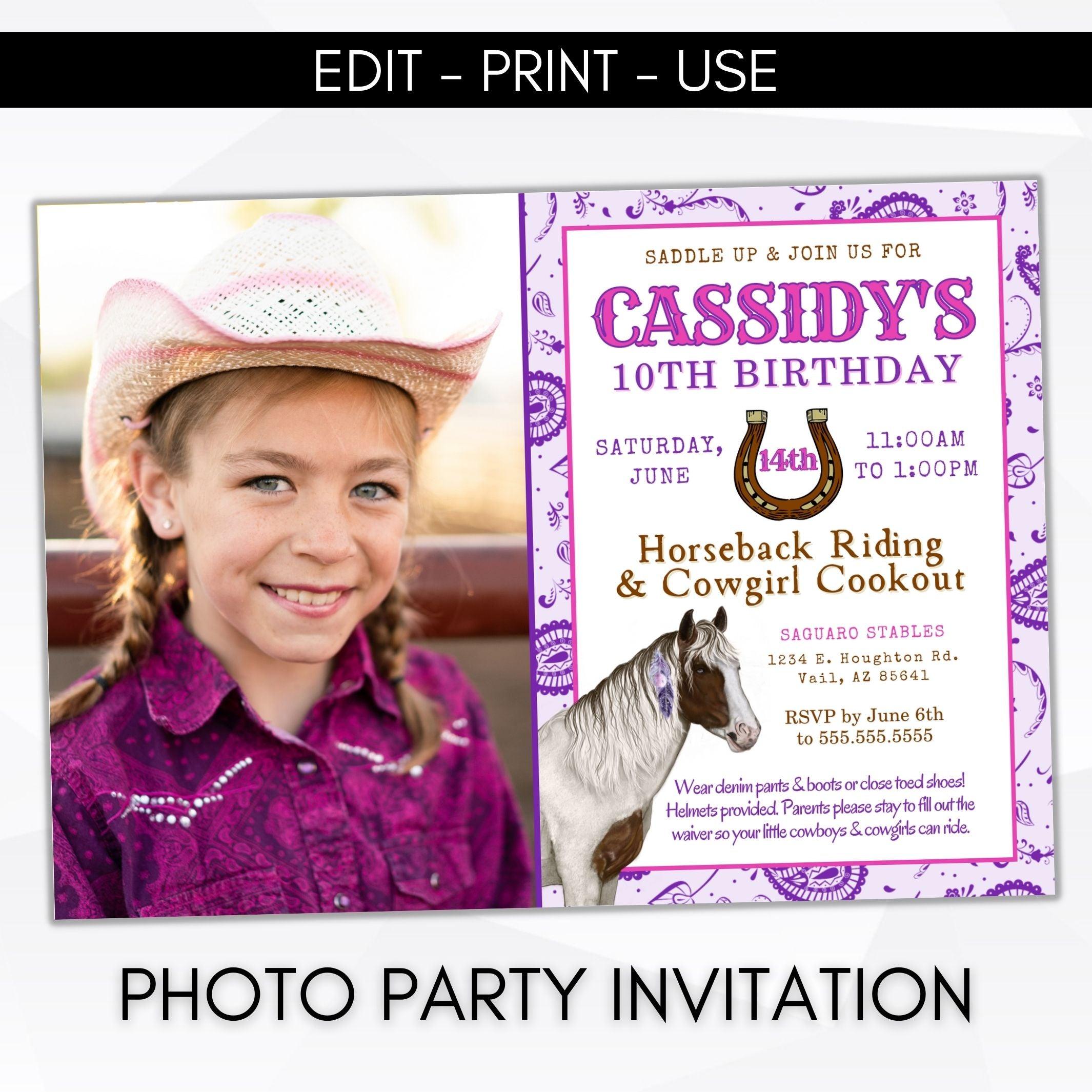 Cowgirl birthday party photo invitation