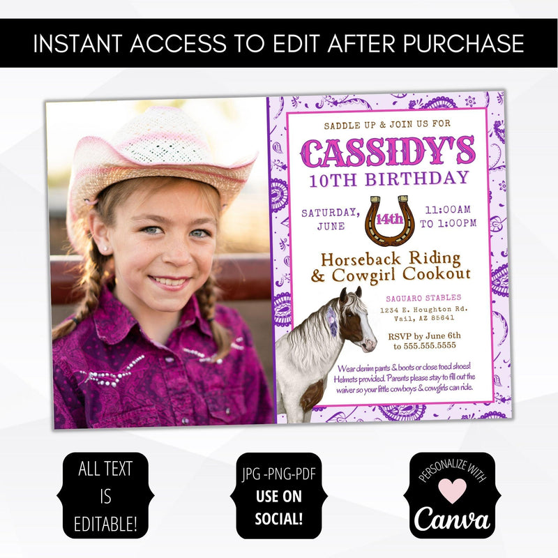 cowgirl theme birthday party invitations