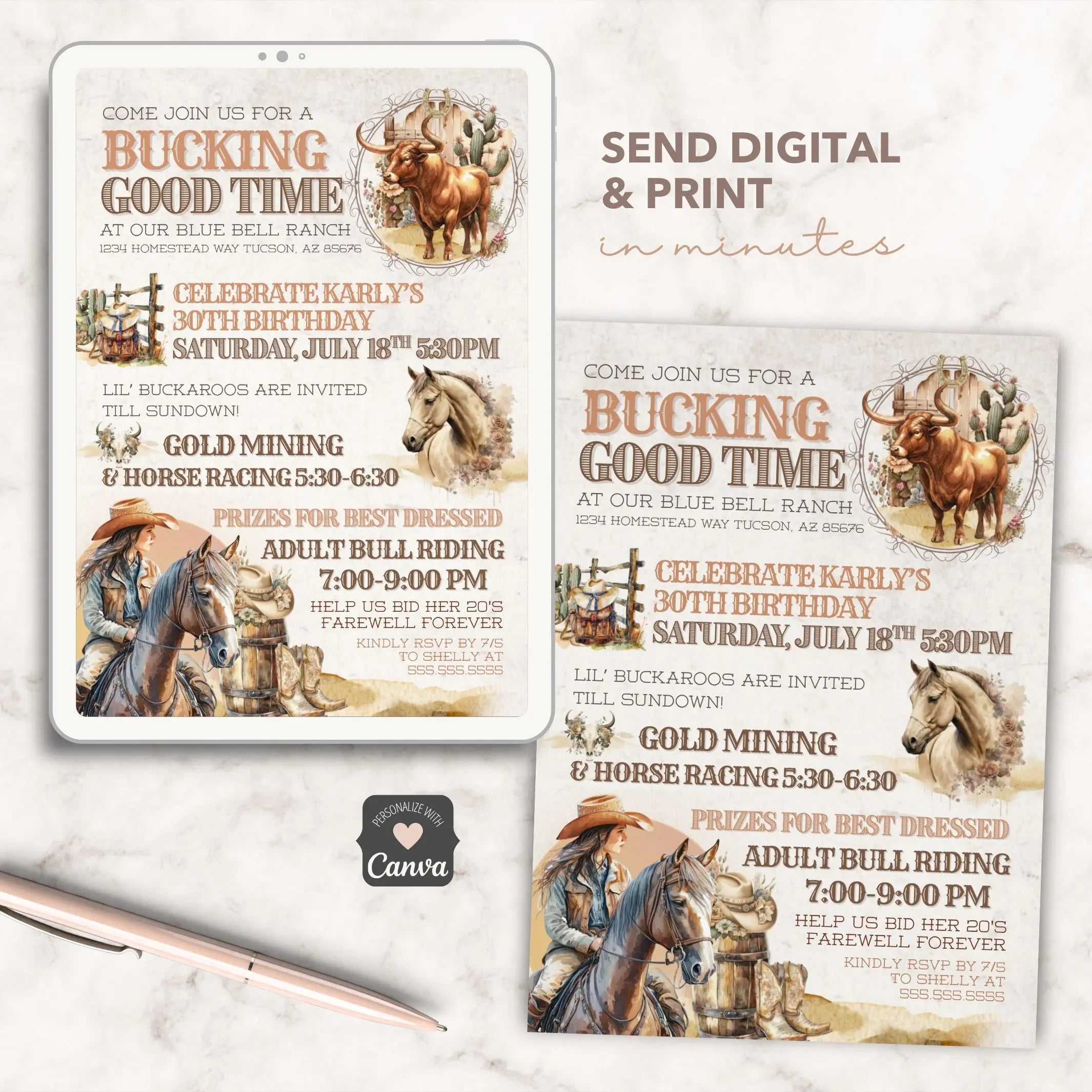 Modern cowgirl bull riding party invitation with editable text displayed on  tablet and printed on cream surface with pink pen. 