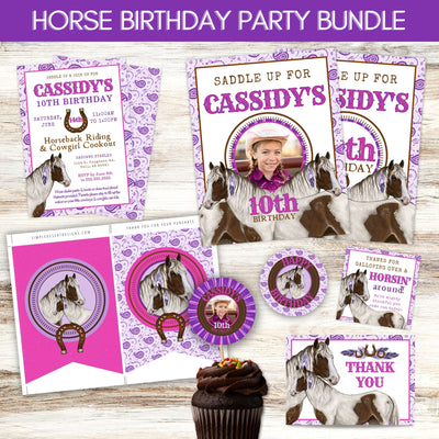 purple horse theme cowgirl birthday party invitation, birthday signs, cupcake toppers, thank you cards party supply bundle