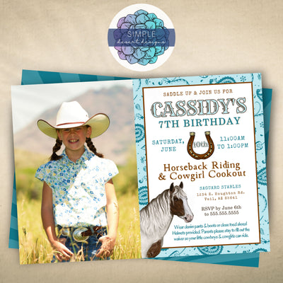 teal and turquoise photo birthday party invitation for horseback riding party