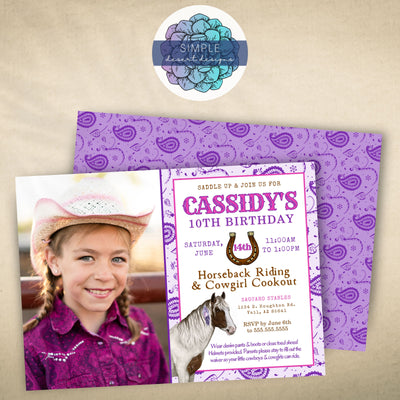 girly pink and purple horse theme cowgirl birthday party invitation with photo