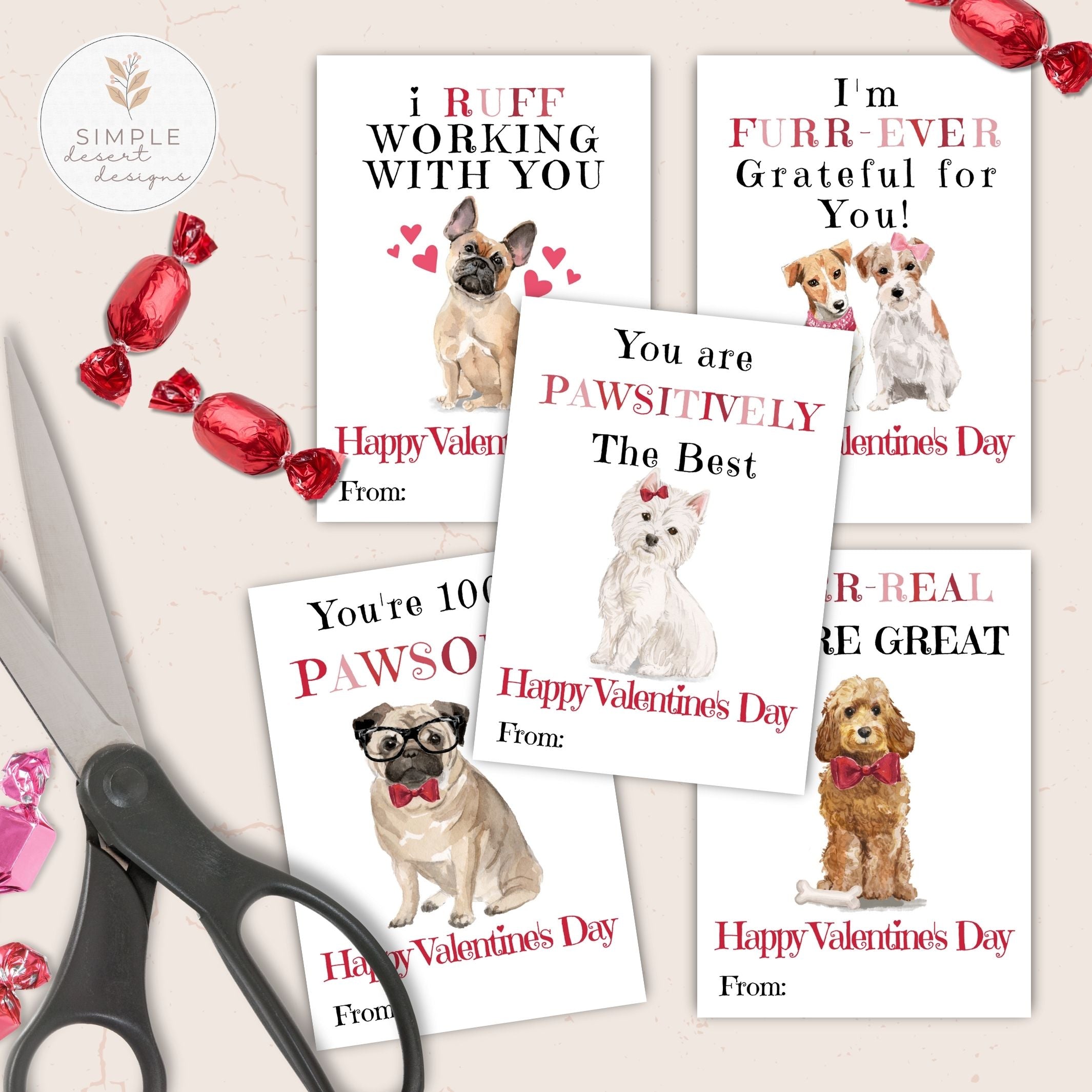 Valentine's Day cards with dog illustrations and text on a light background with scissors and decorative elements.