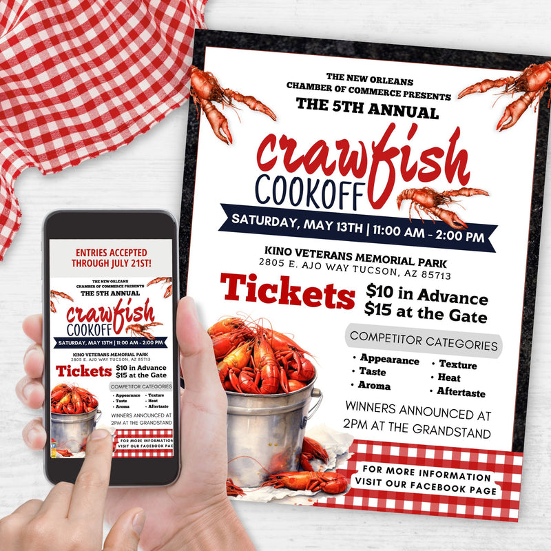 crawfish cookoff flyer printed on white surface with red gingham tablecloth and on phone