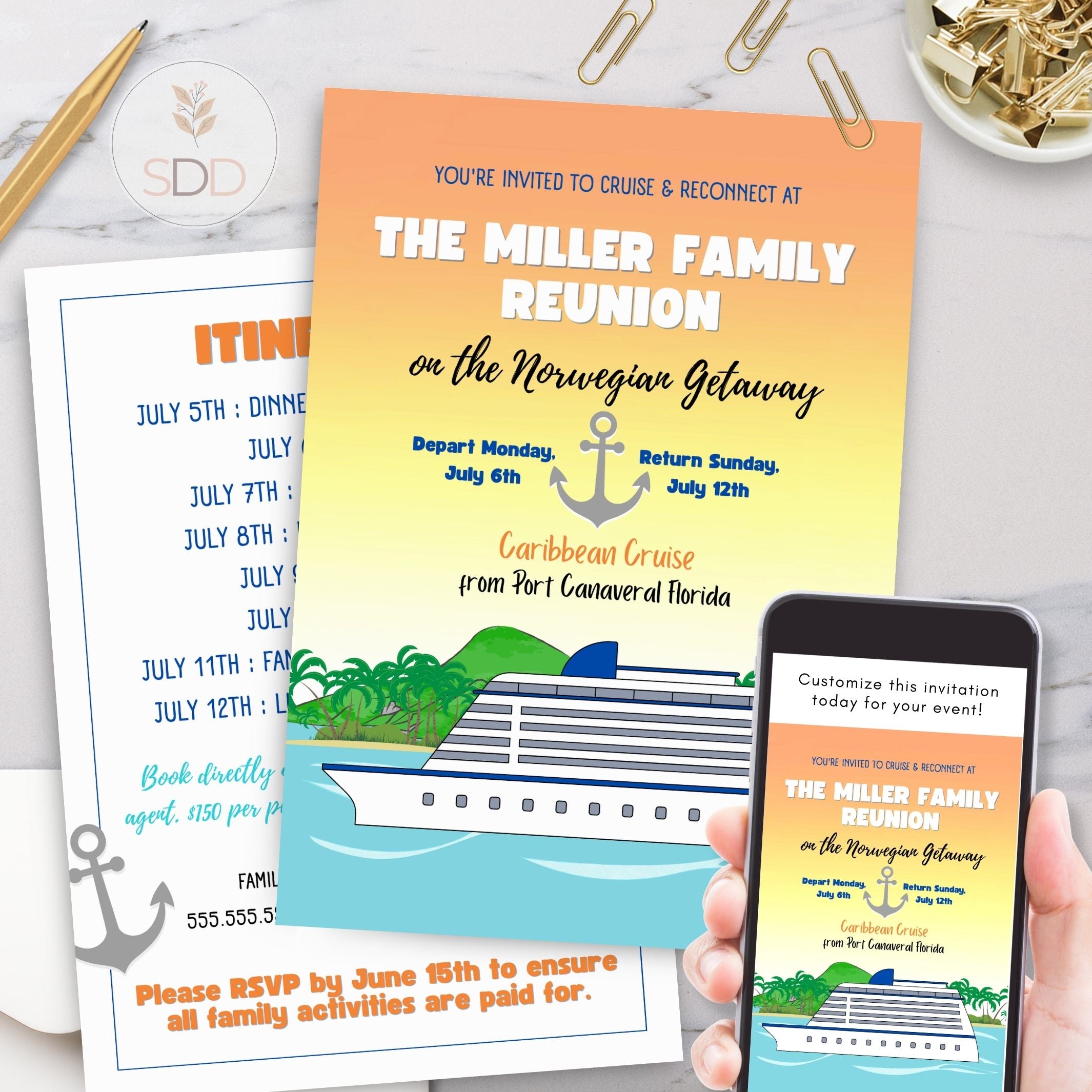 Family reunion invitation for a cruise with a phone displaying the invitation.