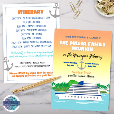 customizable cruise family reunion invitation for tropical islands getaway with itinerary on the back