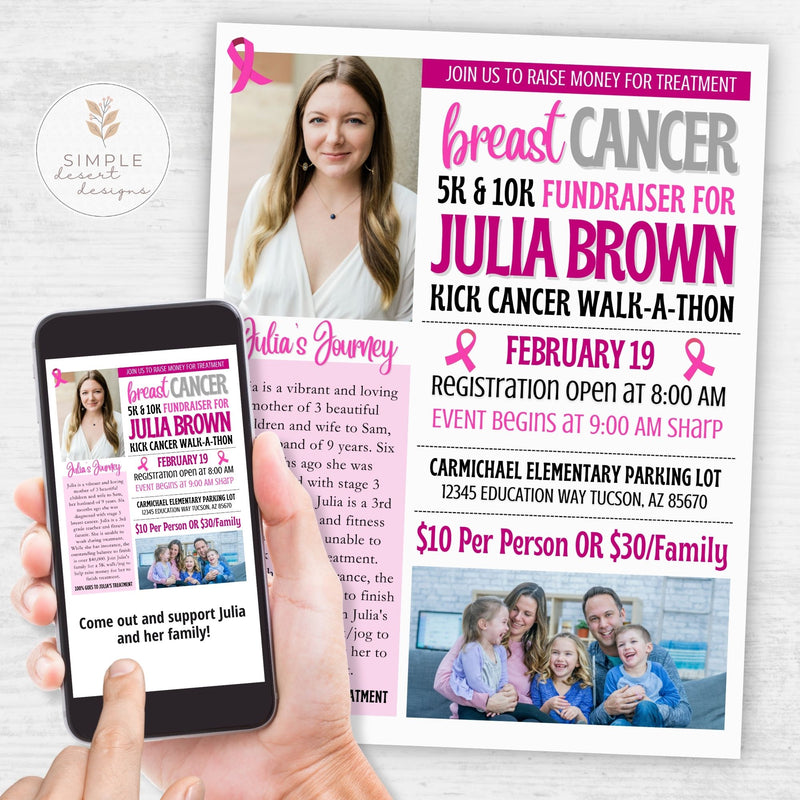 Promotional flyer for a breast cancer fundraiser featuring a woman and family, held by a hand with a phone.