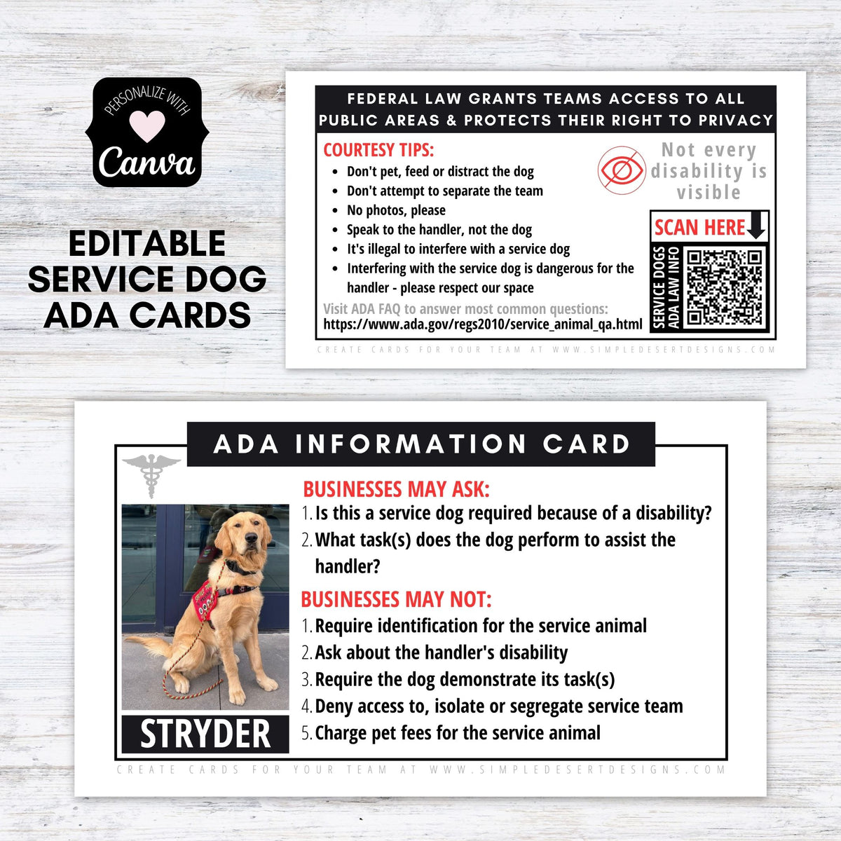 Editable Service Dog ADA Card Template - Simple Desert Designs