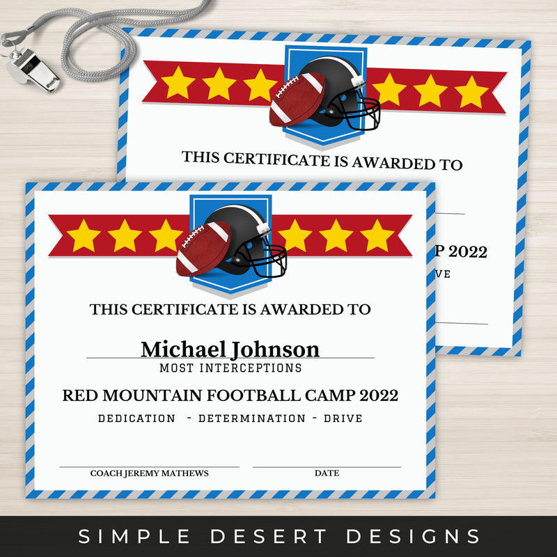 Two football-themed certificates on a light wooden surface with &