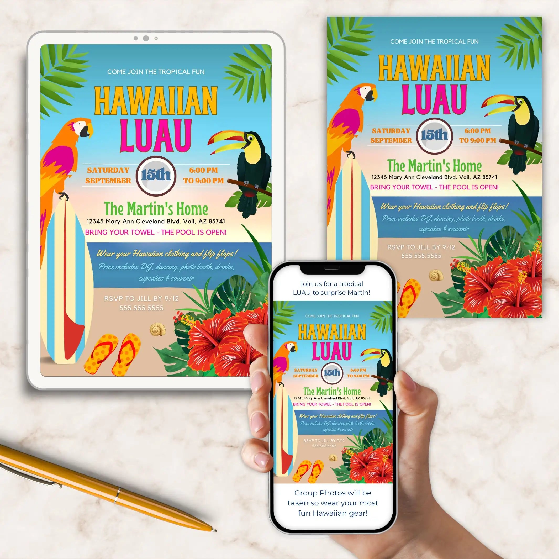 Colorful Hawaiian luau party invitation displayed printed, on tablet and on phone for customizable luau party invite template.