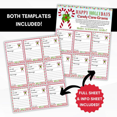 Cute candy gram fundraiser sheet displayed on white surface with full sheet of candy gram fundraiser flyer with 6 candy cane grams for preorder and in person sales grams for schools.