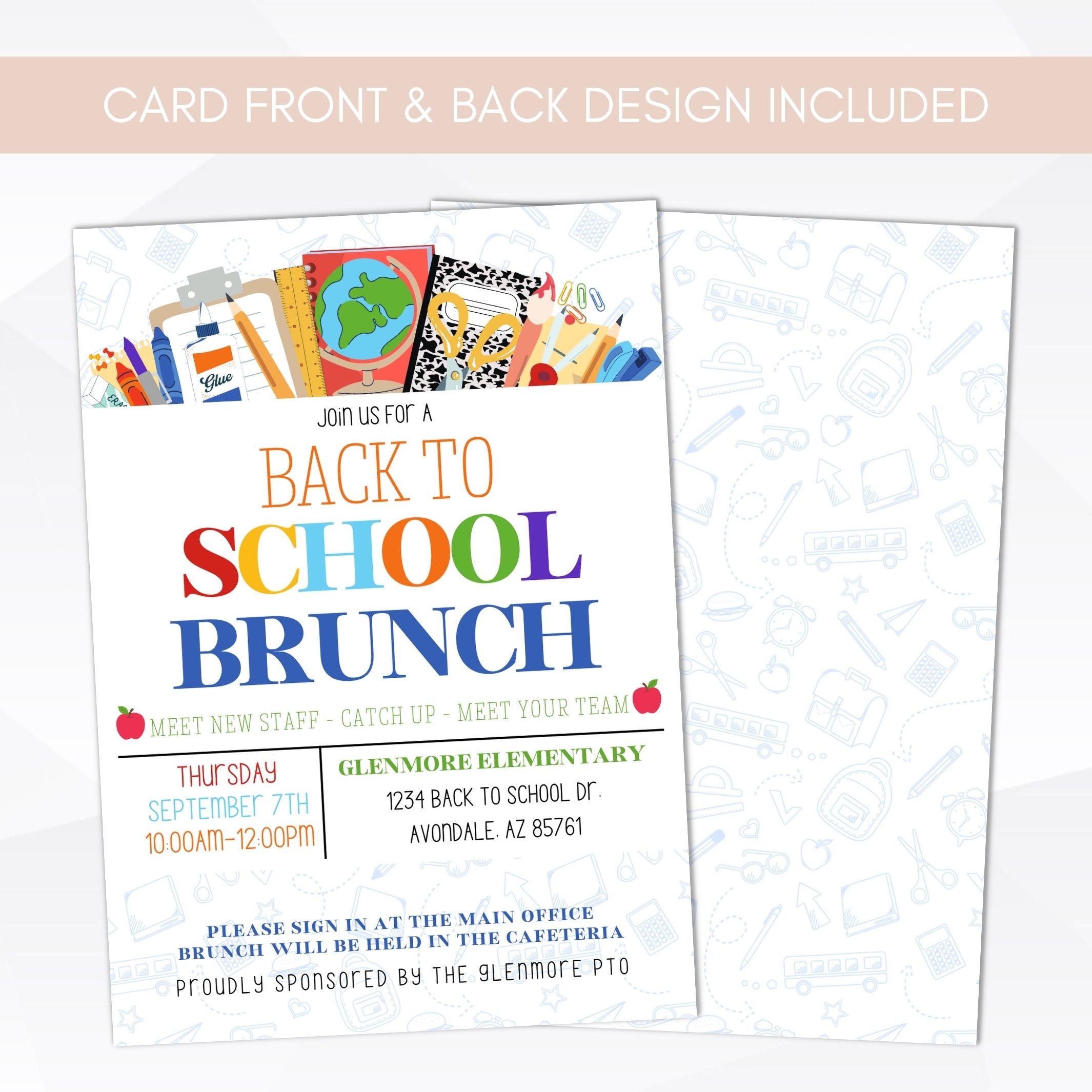 back to school brunch invitation with front and back design included