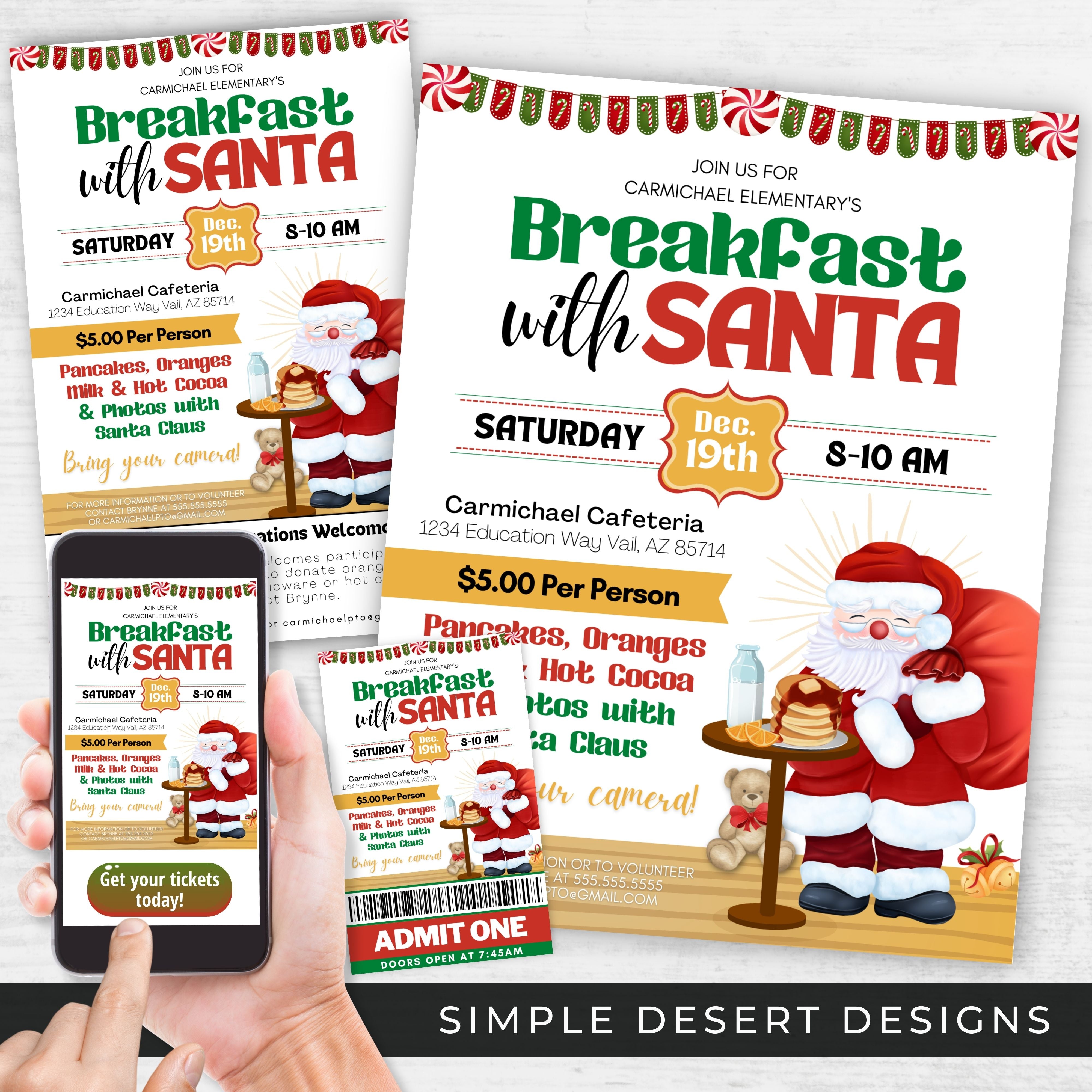 cute breakfast with santa flyer invitations and ticket templates with social media templates