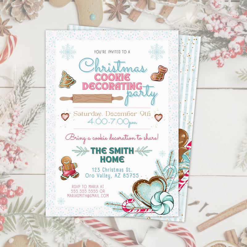 Christmas cookie decorating party invitation with festive graphics on a wooden surface.
