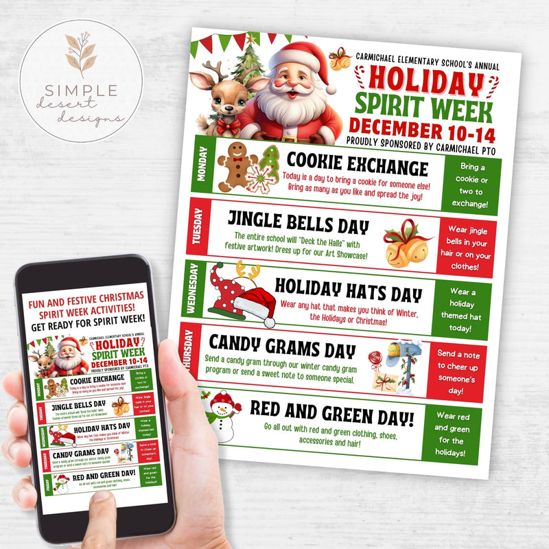 Holiday Spirit Week flyer for Carmichael Elementary School with Santa Claus and reindeer graphics, held by a person with a phone showing the same flyer.