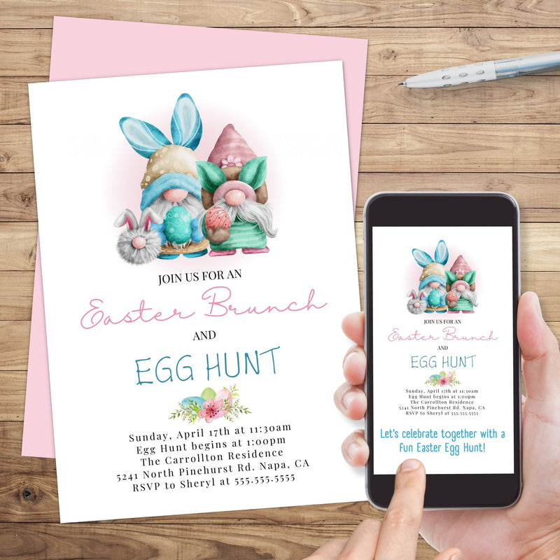 cute watercolor easter invitation for easter brunch and egg hunt with whimsical gnomes and bunny ears