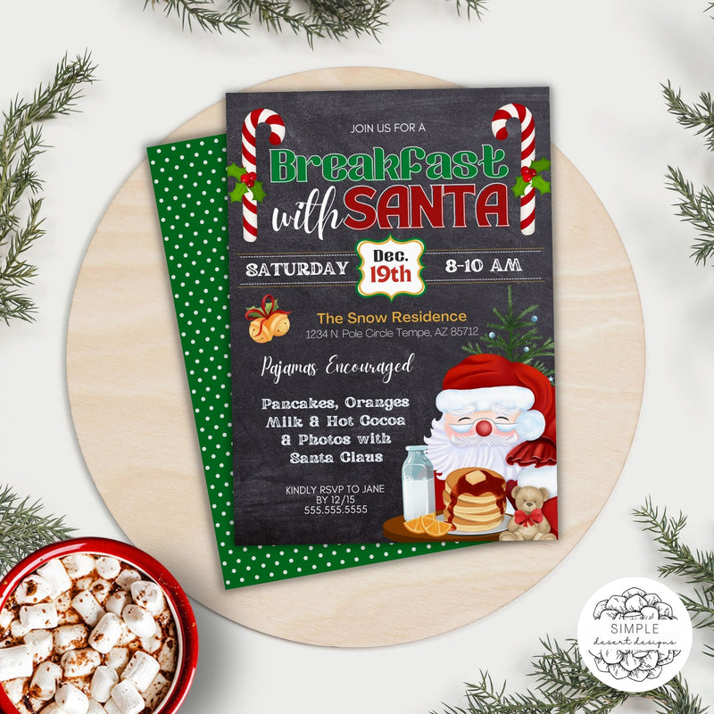 fun kids christmas party invitation at holiday table with hot cocoa