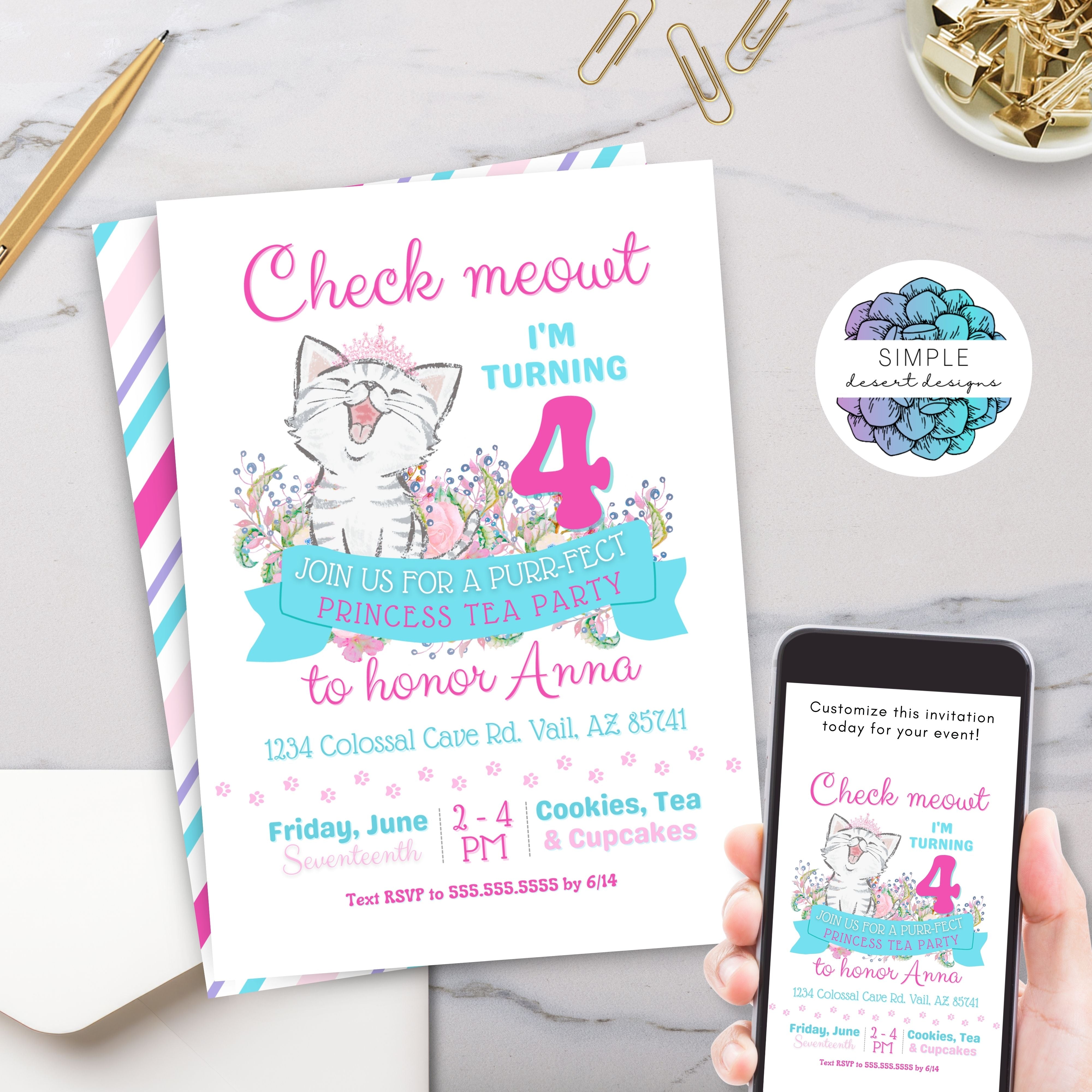 Cute Kitten Princess Birthday Party Invitation