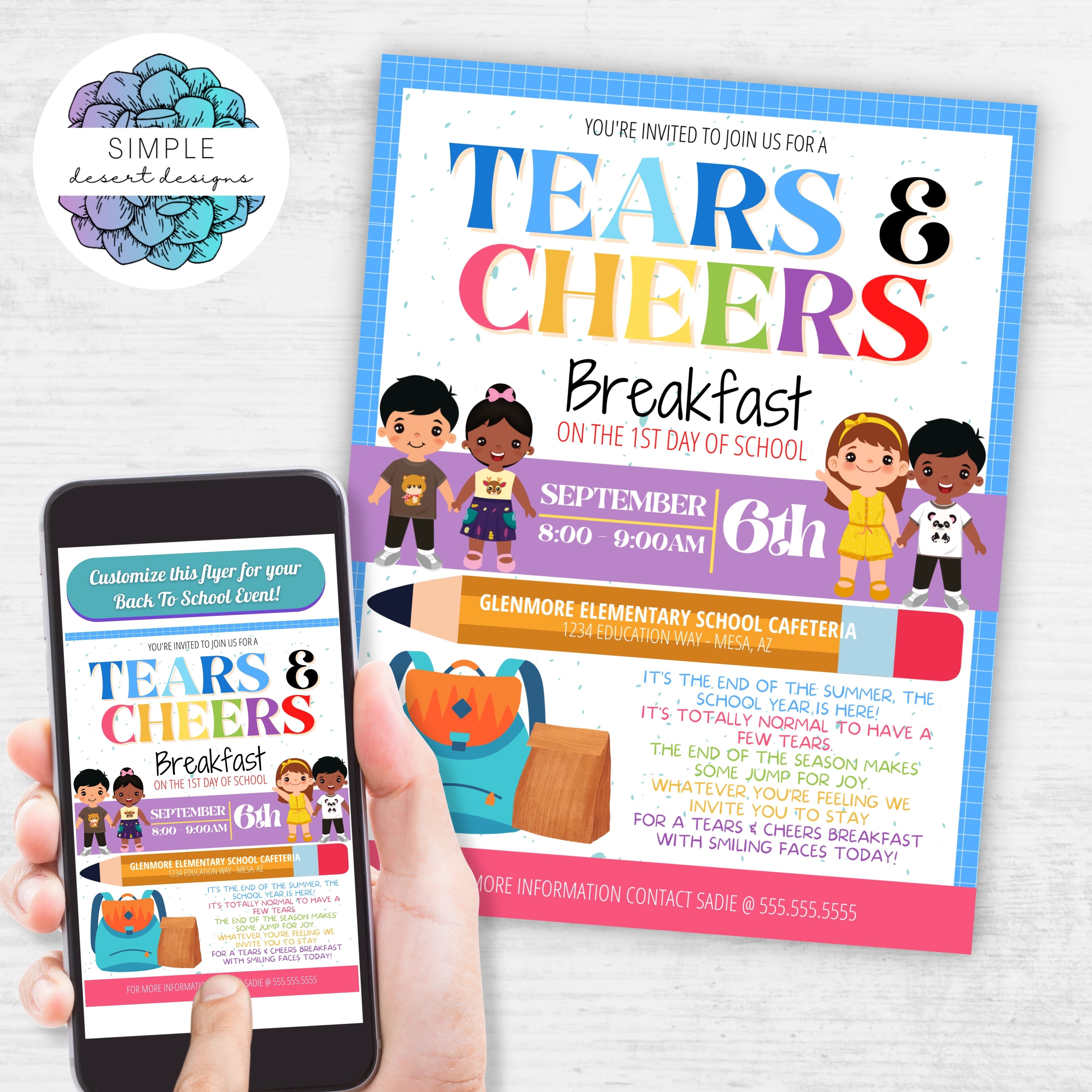 colorful back to school tears and cheers event flyer for school principals and pto