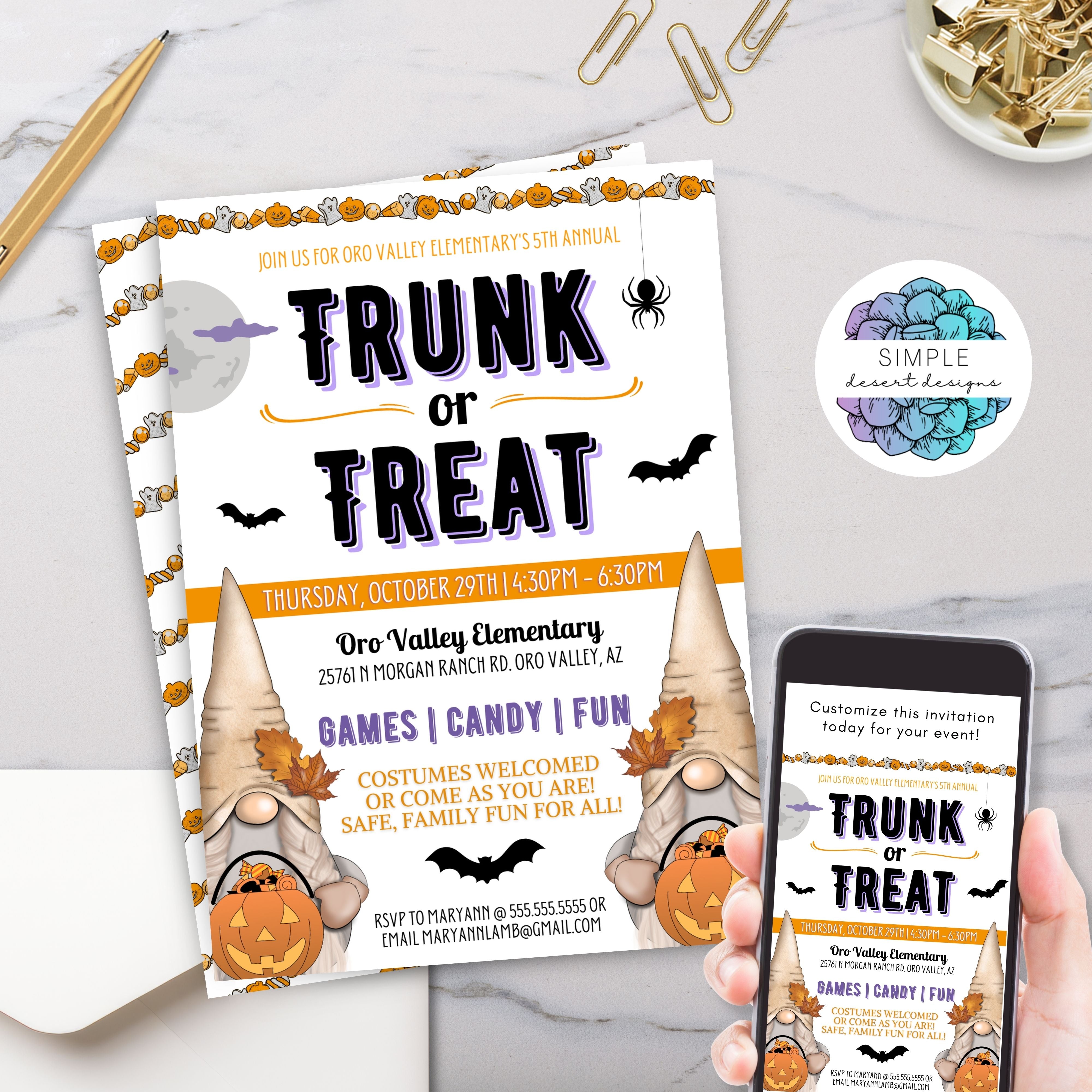 halloween trunk or treat party invitations with cute gnomes and fall theme graphics