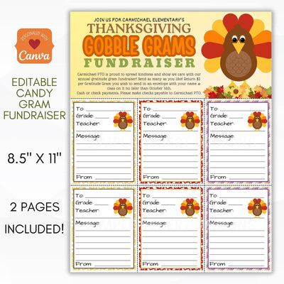 A promotional image featuring a Thanksgiving-themed candy gram fundraiser template, with a turkey graphic and text elements, indicating the product is for editing with the option to use as a PNG, JPG or PDF file.