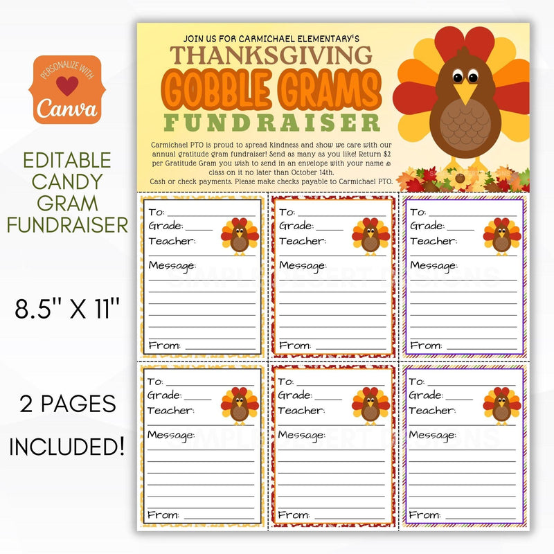 A promotional image featuring a Thanksgiving-themed candy gram fundraiser template, with a turkey graphic and text elements, indicating the product is for editing with the option to use as a PNG, JPG or PDF file.