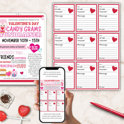 Valentine's Day Candy Grams fundraiser flyer with templates on a white surface.