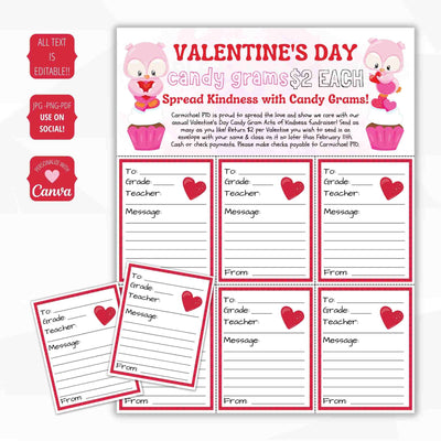 Valentine's Day candy gram template with owl design and editable text options.