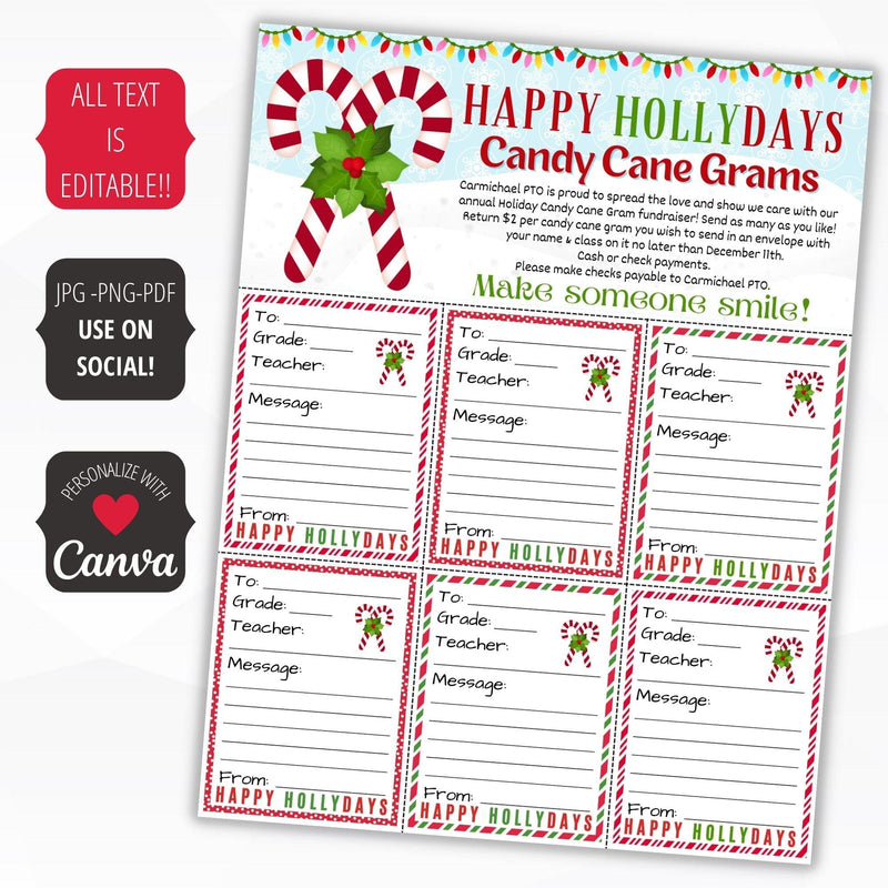 Printed candy cane gram flyer on white surface displaying icons that show all text is editable, flyer template can be printed as jpg, png or pdf and used on social to promote fundraiser and is personalized in Canva.