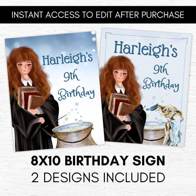 this set of 8x10 birthday party signs are perfect for the girl who loves all things related to fantasy and magical learning! It even includes an adorable little elf. Customize it in Canva and bring her witch theme party to life!