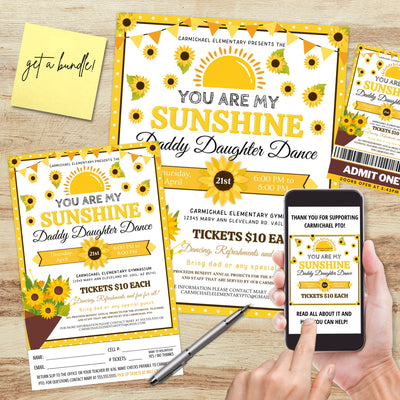all in one you are my sunshine sunflower theme daddy daughter dance flyers tickets and social media post bundle