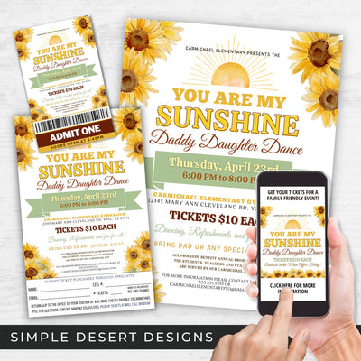 elegant and fun daddy daughter dance theme sunflowers you are my sunshine flyer order form tickets and social media template bundle