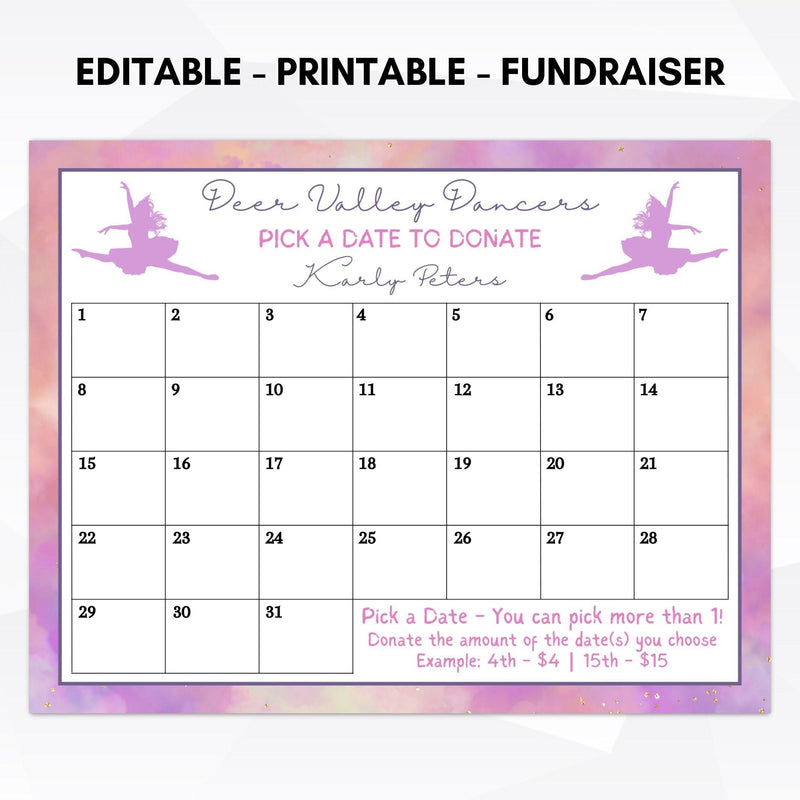 dance team cash calendar sports fundraiser idea editable printable digital download