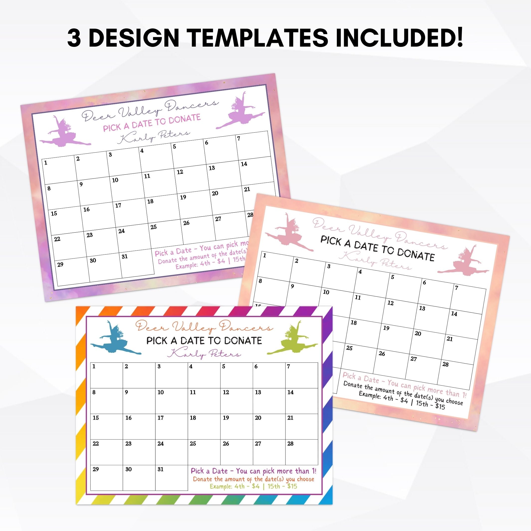 set of 3 unique designs in one calendar fundraiser template bundle